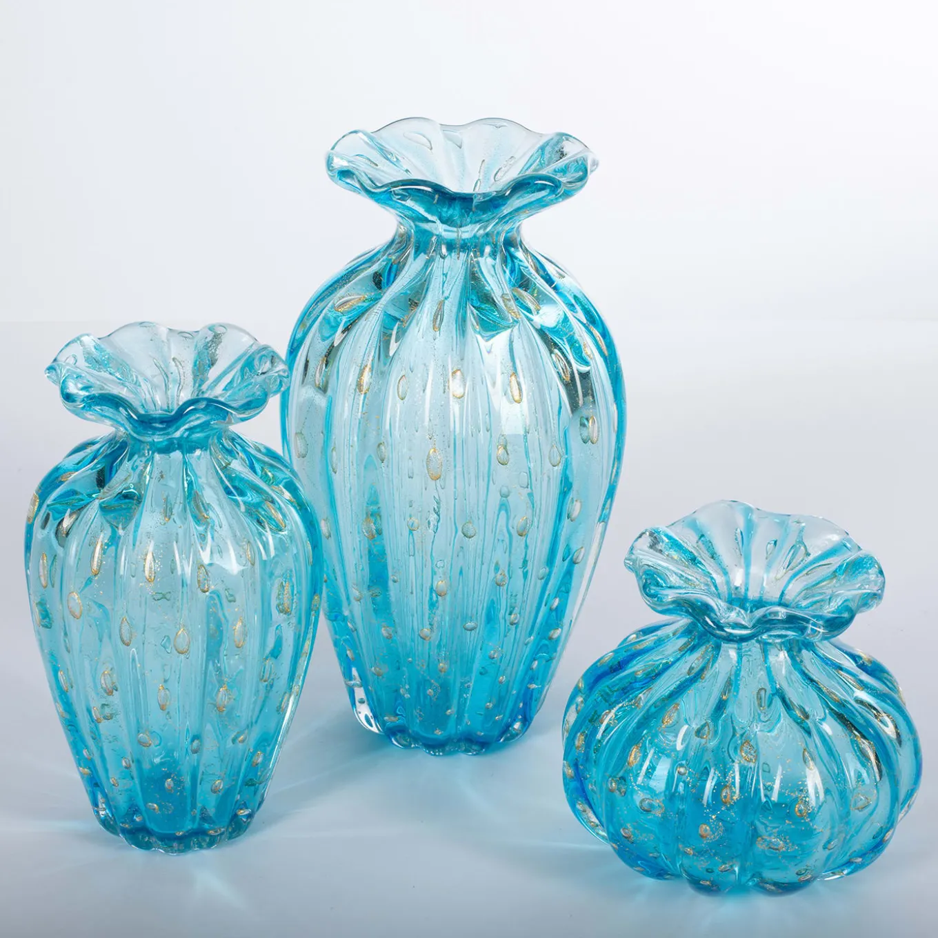 1950 Set di 3 vasi blu chiaro con bolle d'oro