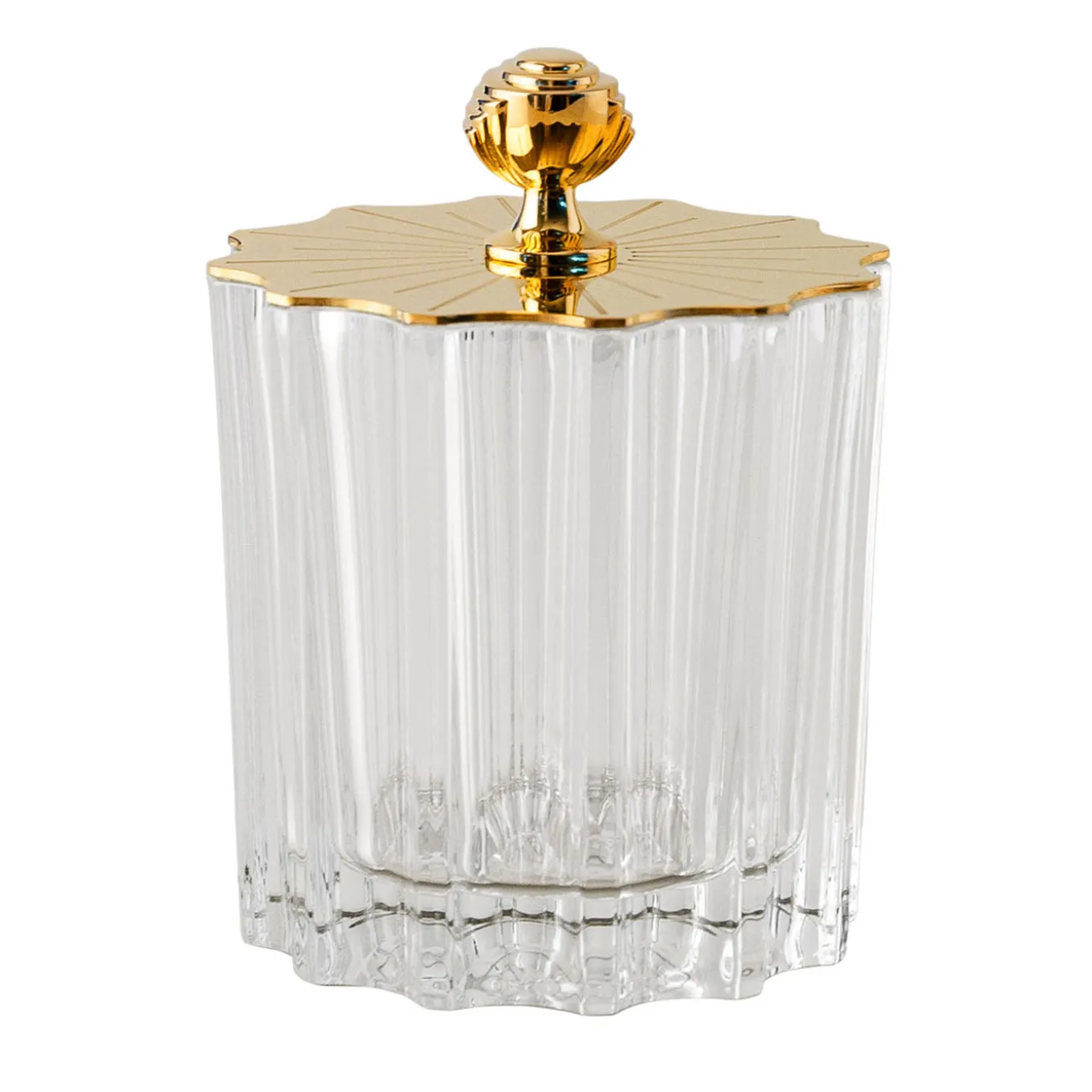 Box alta in cristallo con coperchio in stile Art Deco placcato oro