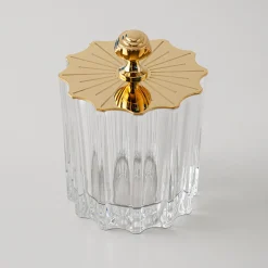 Box alta in cristallo con coperchio in stile Art Deco placcato oro