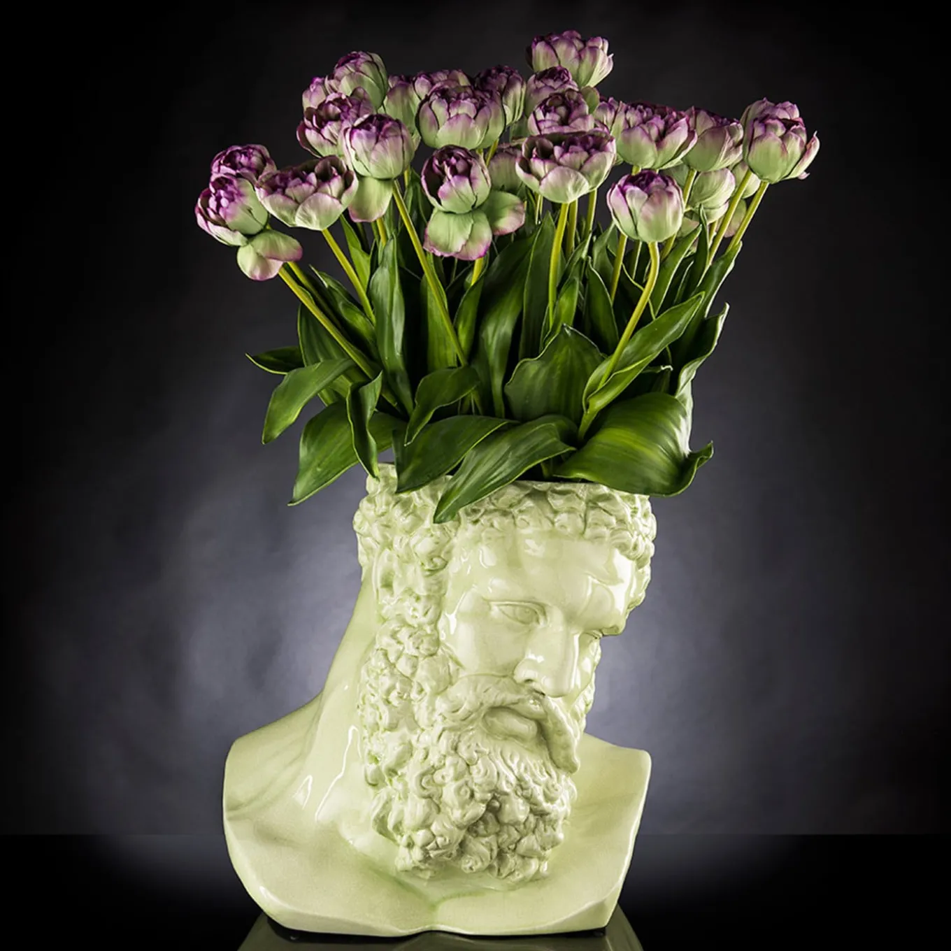 Cachepot decorativo verde a forma di busto di Ercole Craquele