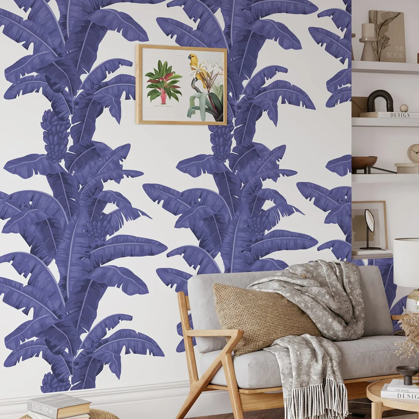 Carta da parati blu con foglie tropicali