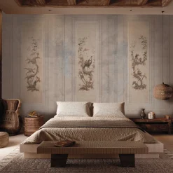 Carta da parati Chinoiserie beige e azzurro chiaro con elementi architettonici