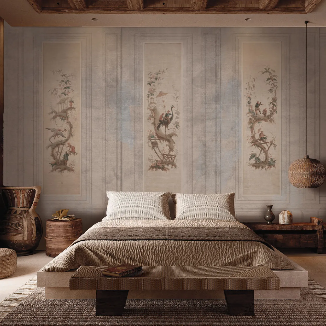 Carta da parati Chinoiserie beige e azzurro chiaro con elementi architettonici