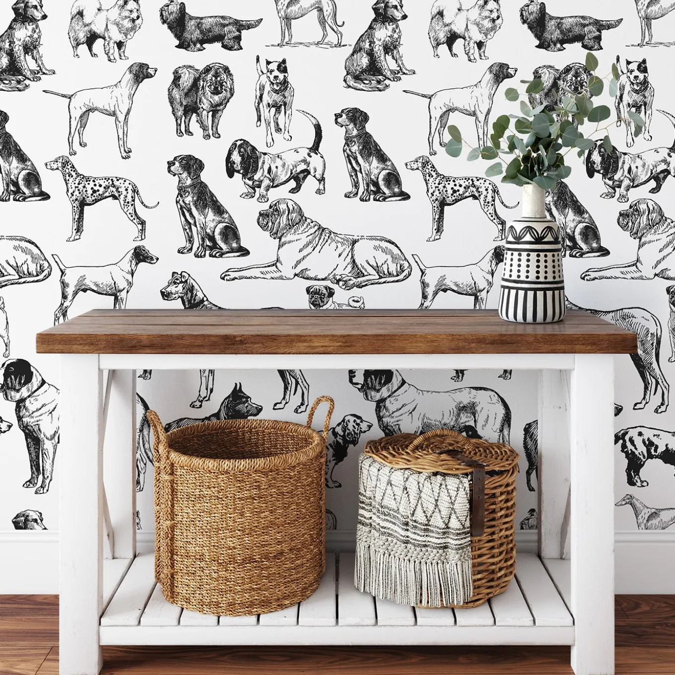 Carta da Parati con Cani Disegnati a Mano in Bianco e Nero