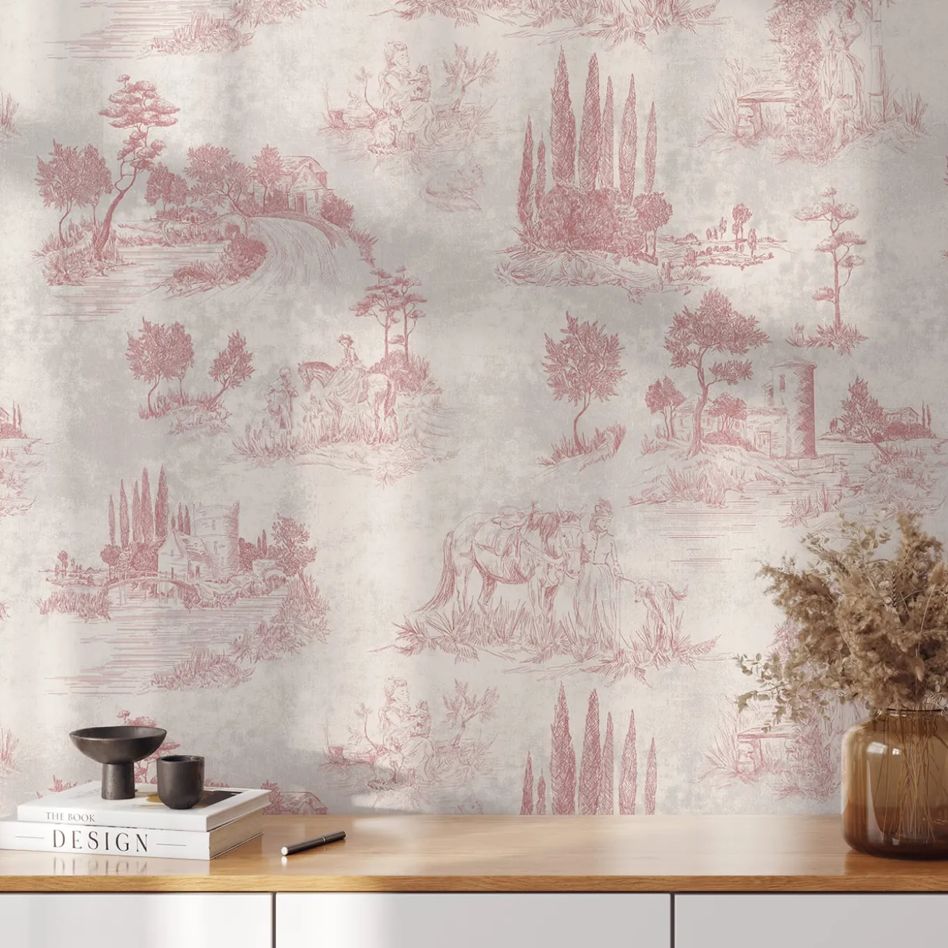 Carta da Parati Toile Vintage Francese Rosa