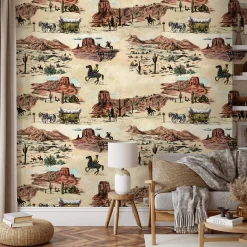 Carta da Parati Vintage Western con Cowboy e Cavalli