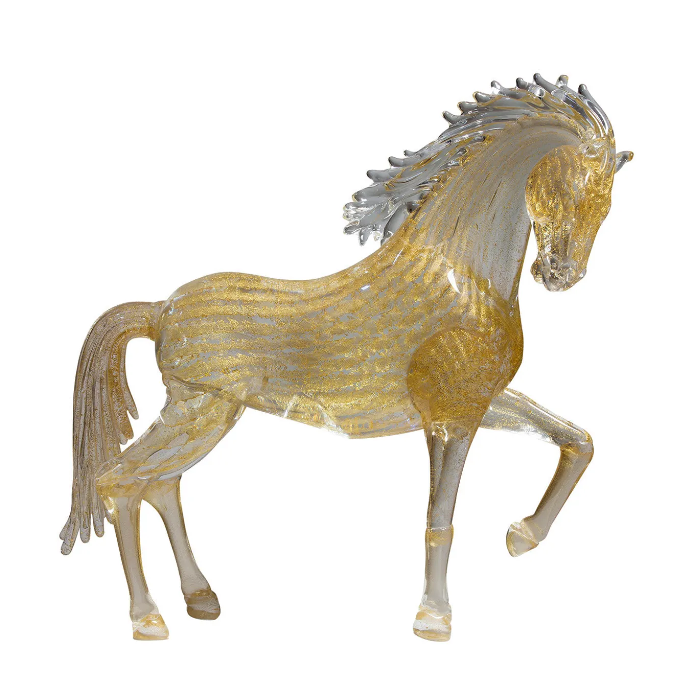 Cavallo rampante grande in vetro dorato