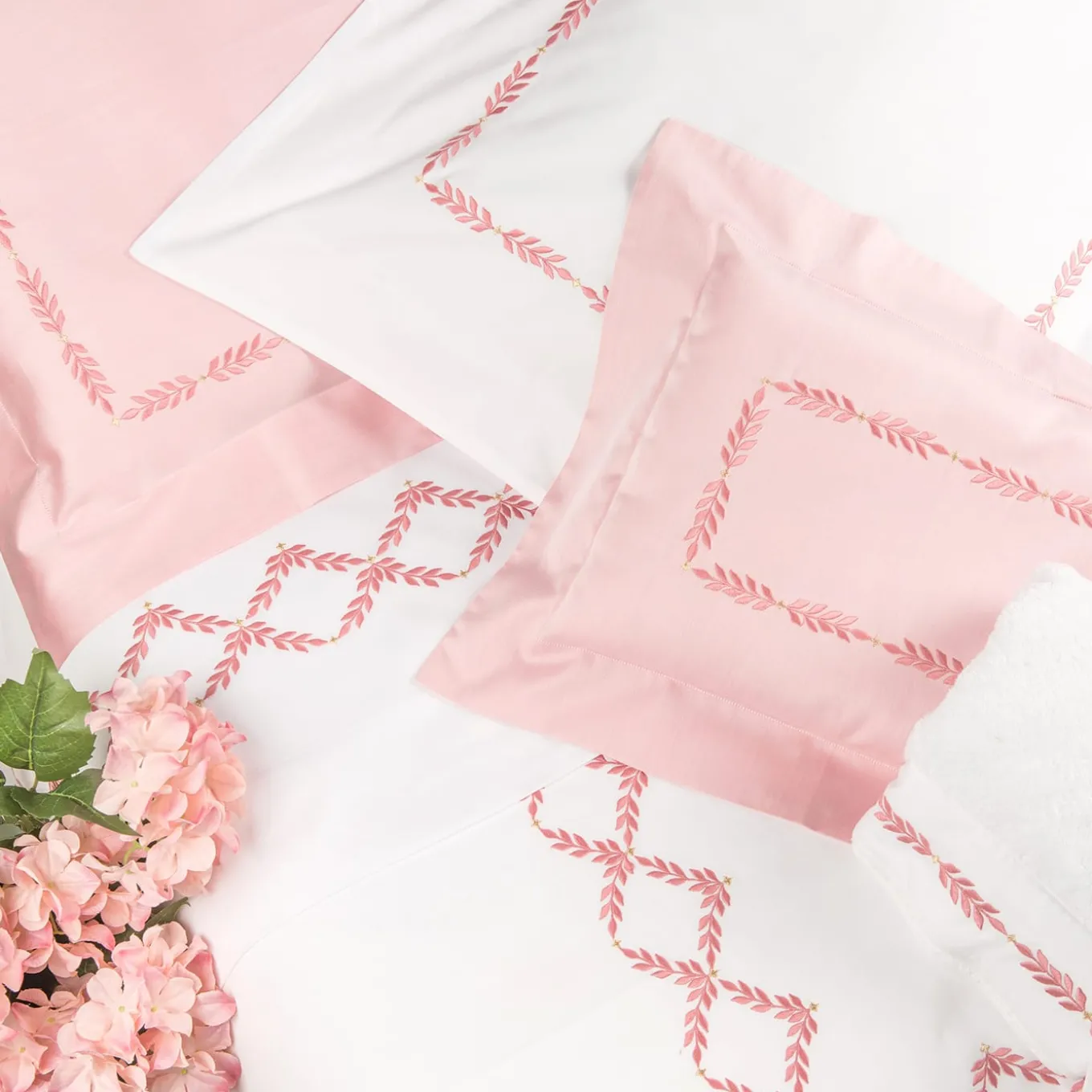 Completo Letto Smeraldo Bianco e Rosa in Raso di Cotone