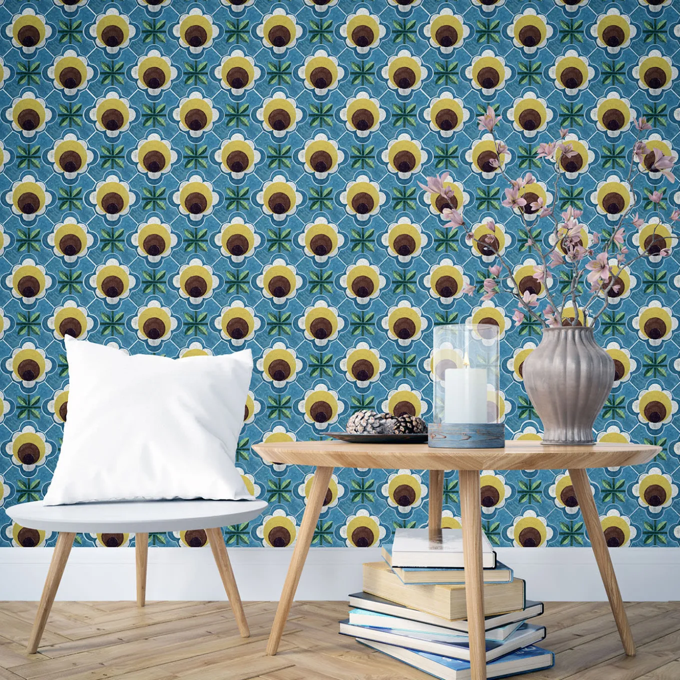 Composizione di Piastrelle in Ceramica Celeste Azzurro Chiaro con Motivo Floreale