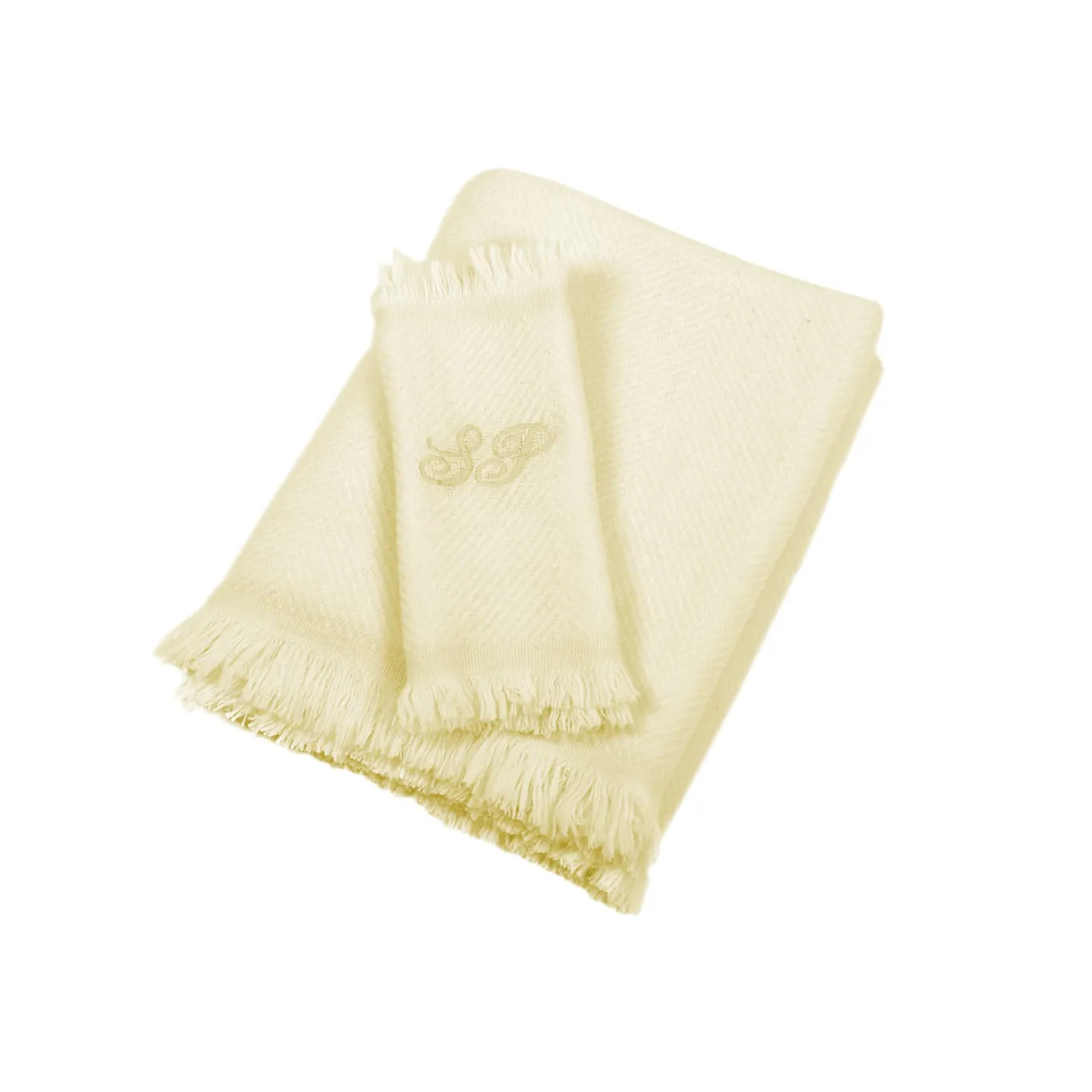 Coperta per neonati in 100% cashmere color crema e giallo limone con frange corte