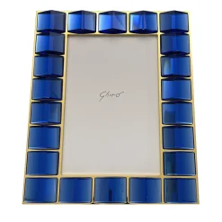 Cornice portafoto in ottone placcato oro 24 carati e cristallo blu lavorato a mano