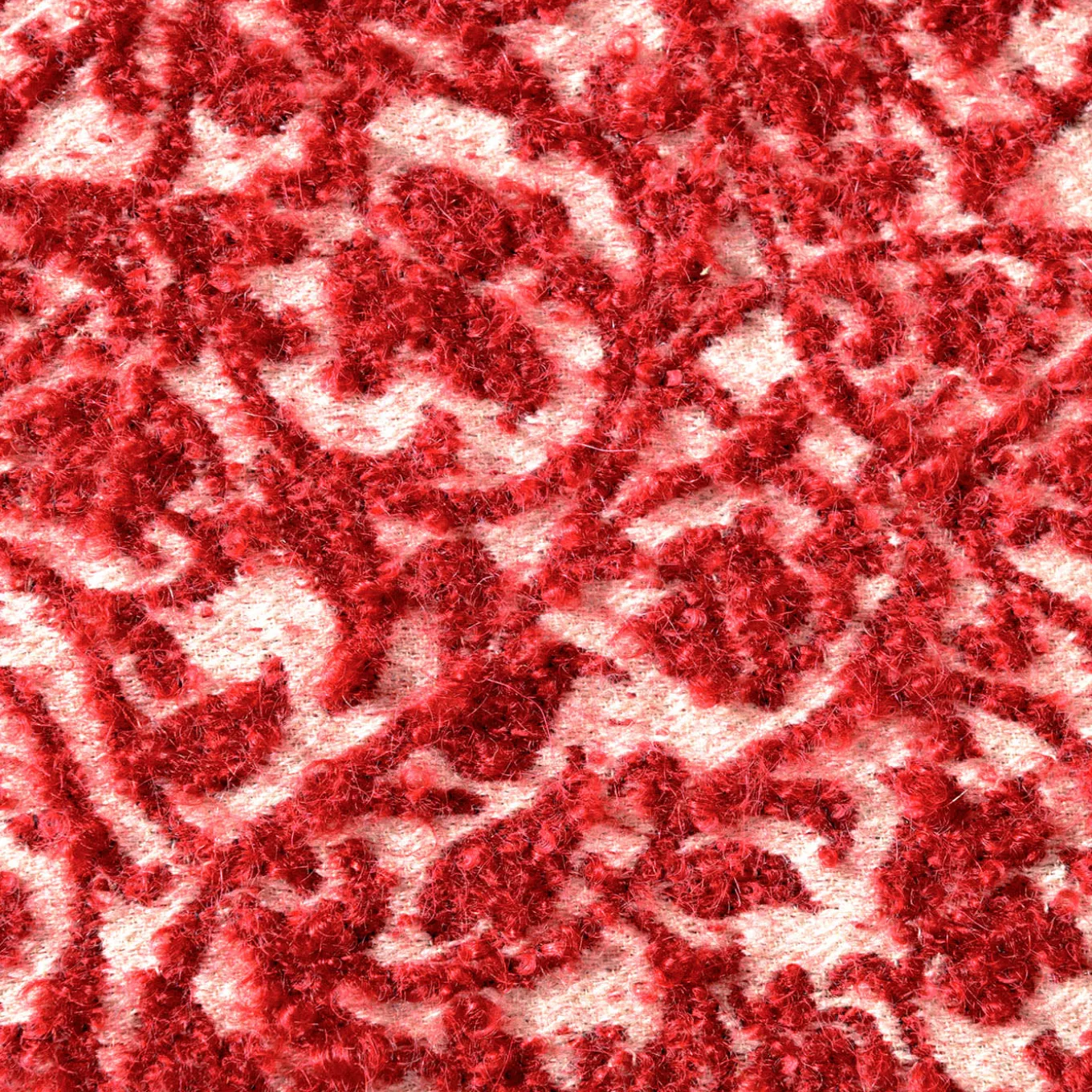 Cuscino quadrato Polypode in lana boucle bianca e rossa con motivo floreale