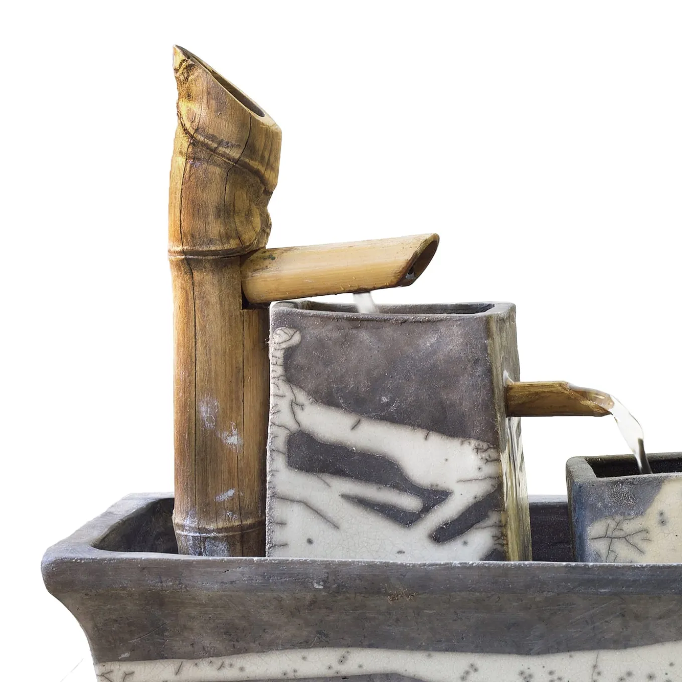 Fontana moderna Genesi Bamboo in ceramica bianca e nera con effetto craquelé