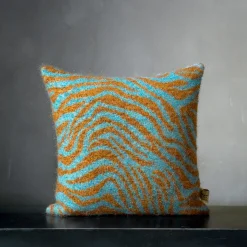 Gazon Cuscino in mohair turchese e senape a strisce zebrate