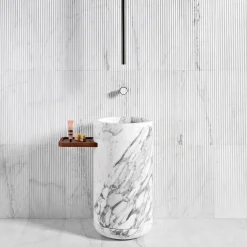 Lavabo in marmo cilindrico Monolithos con vassoio in legno