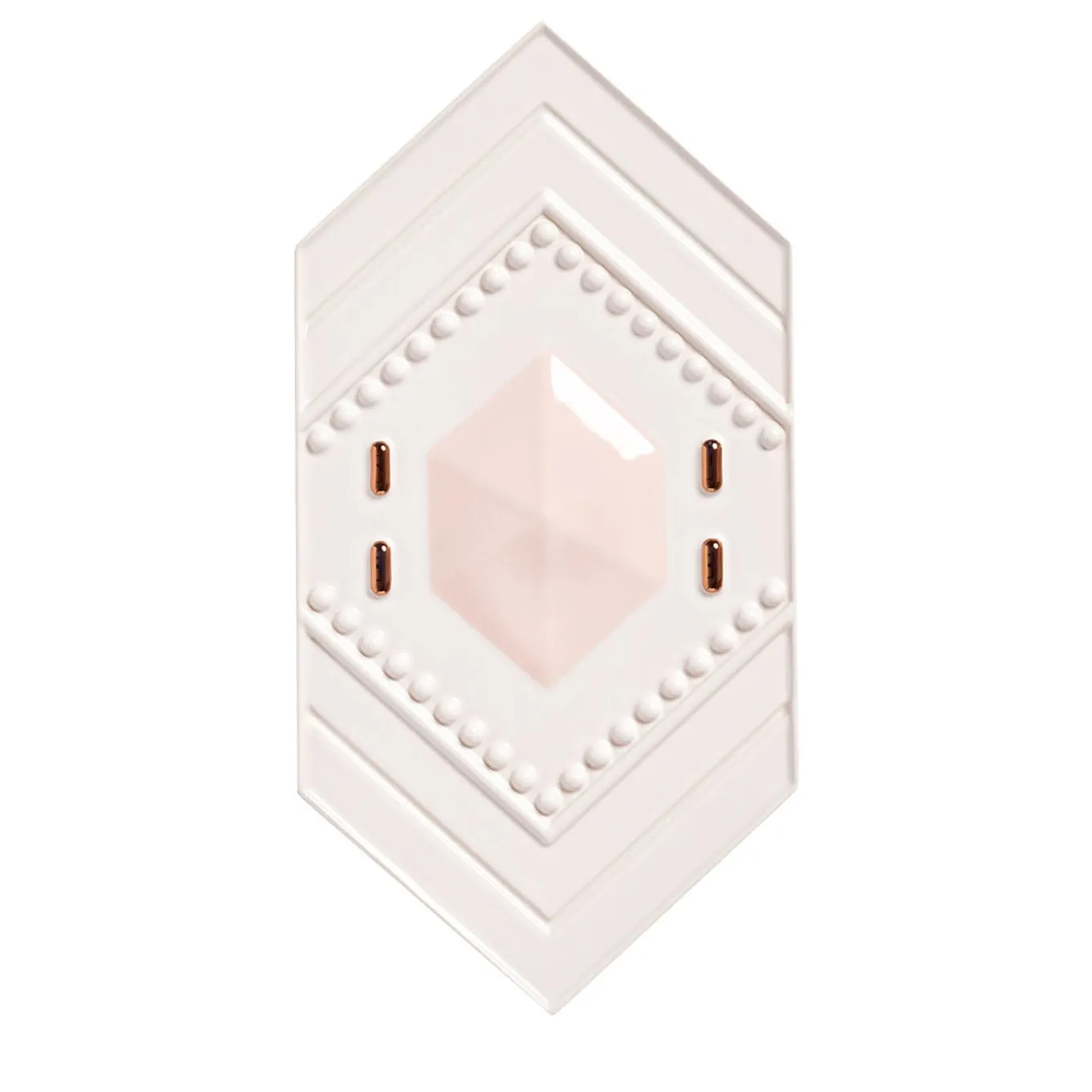 Piastrella Celestia rosa lucido in ceramica con dettagli in rame di Elena Salmistraro