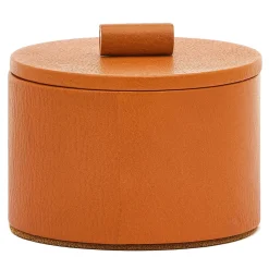 Piccola scatola per gioielli rotonda in pelle color caramello