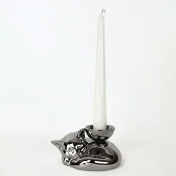 Portacandela in Ceramica Fiamme Bestiali Gattino Platino