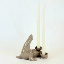 Portacandele in Ceramica Fiamme Bestiali Foca Taupe