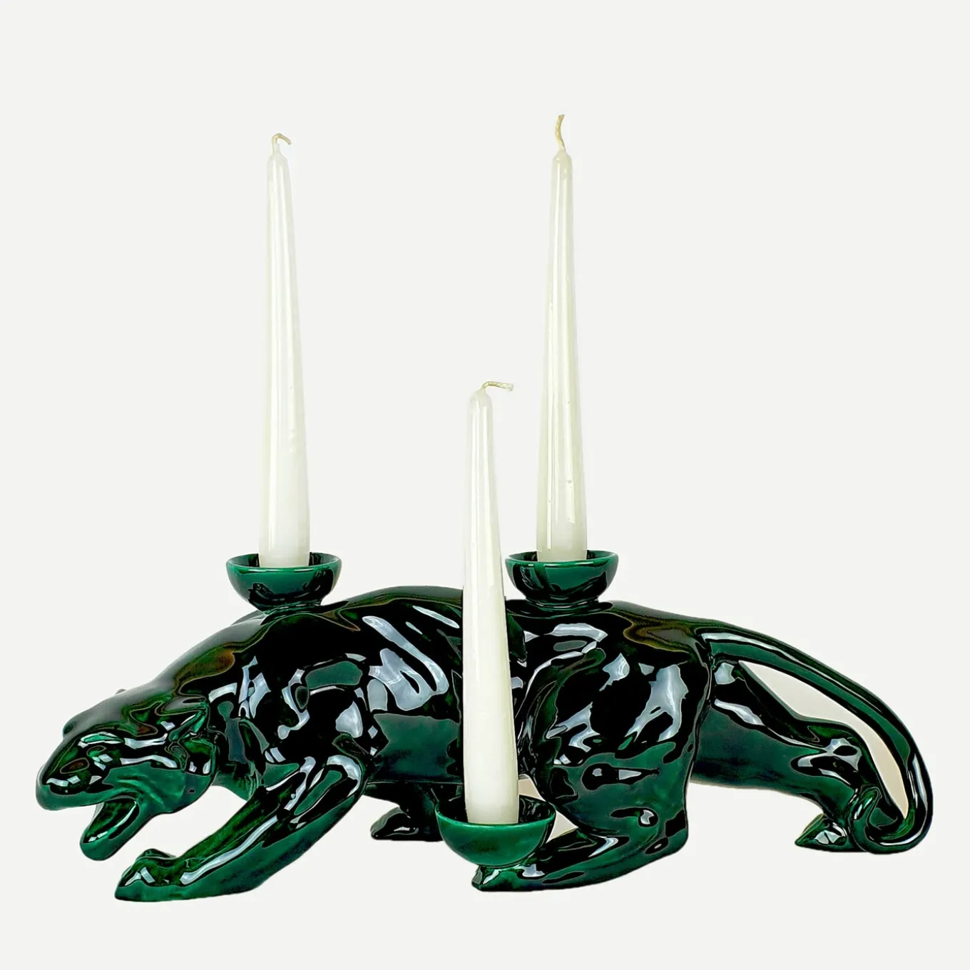 Portacandele in Ceramica Fiamme Bestiali Pantera Verde