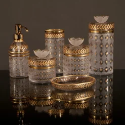 Portasapone in vetro con foglie d'oro e d'alloro