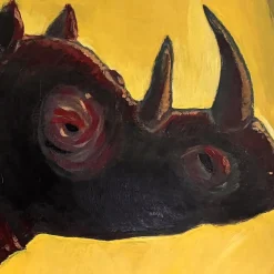 Rinoceronte nell'erba secca della savana Pittura a smalto su legno