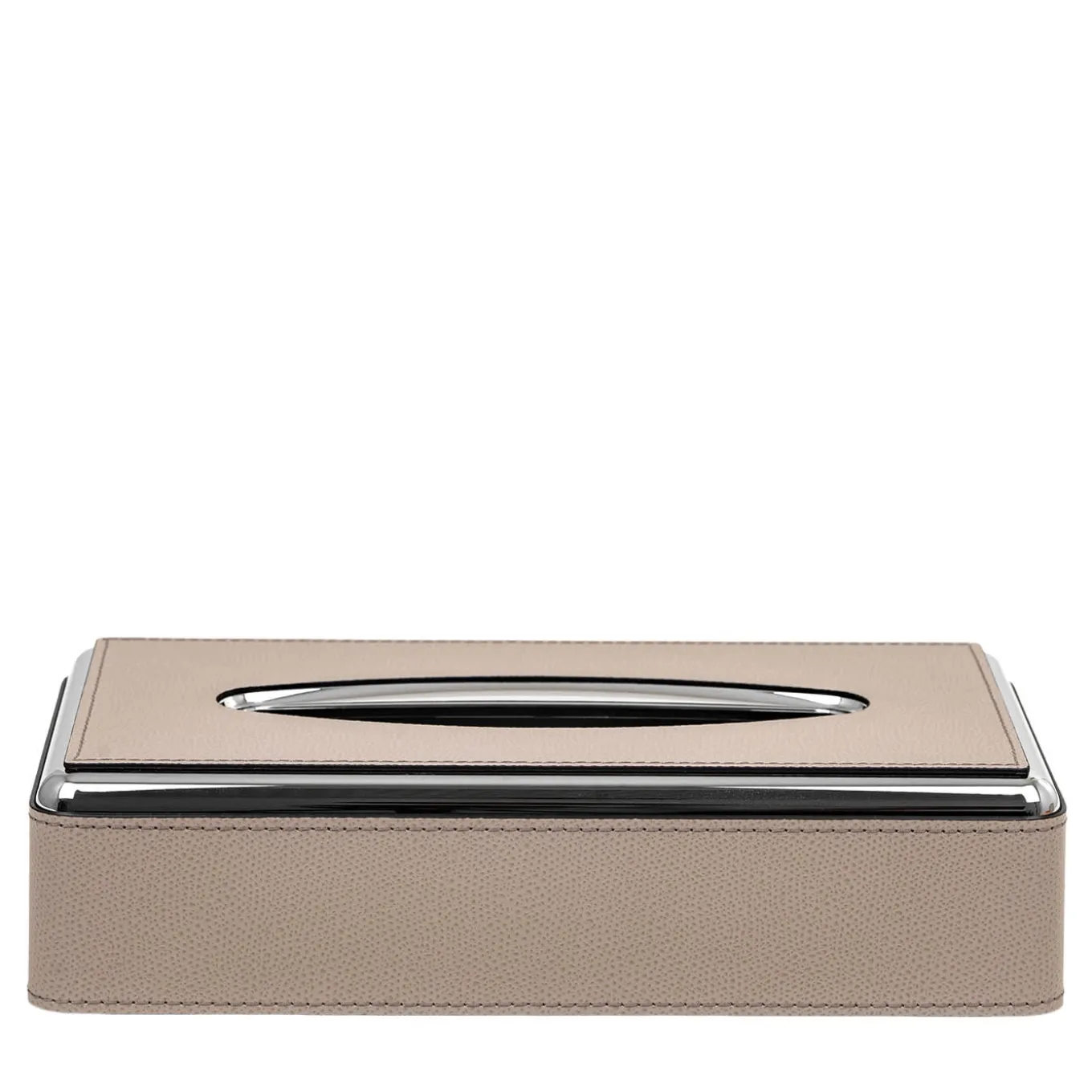 Scatola per tessuti in pelle beige con struttura in metallo