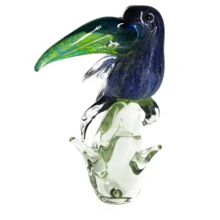 Scultura di Tucano in Vetro di Murano Trasparente, Verde e Blu
