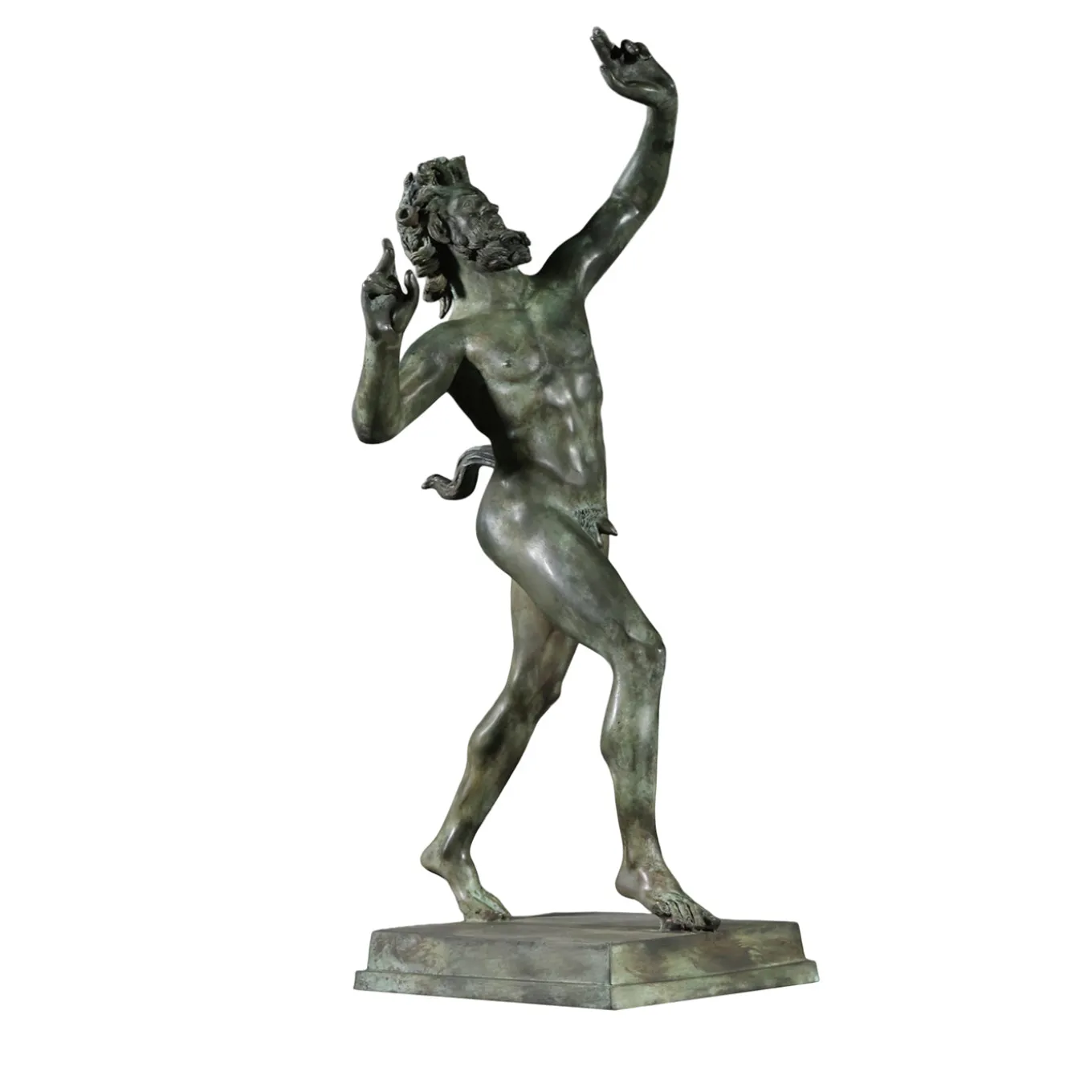 Scultura Fauno danzante in bronzo patinato verde