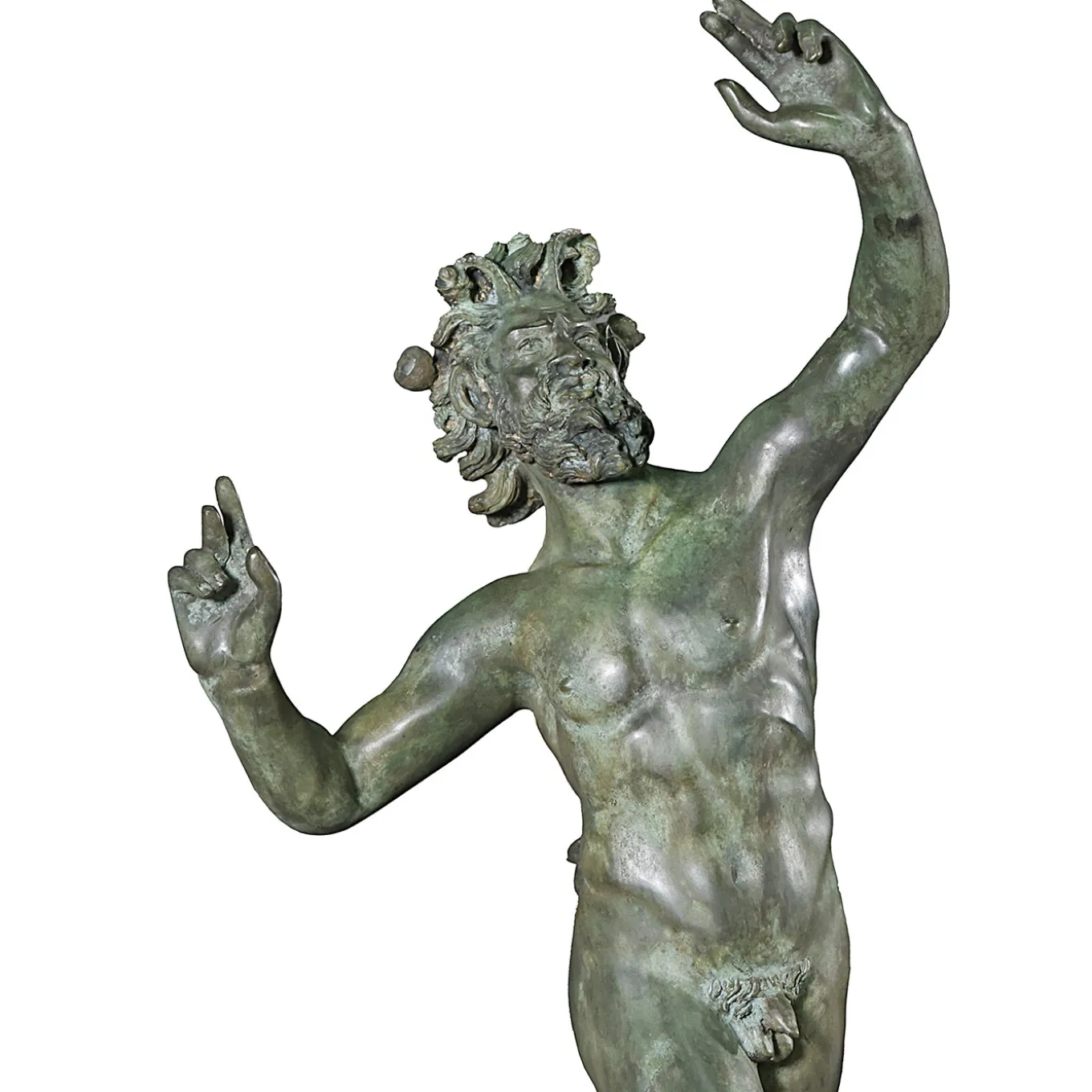 Scultura Fauno danzante in bronzo patinato verde