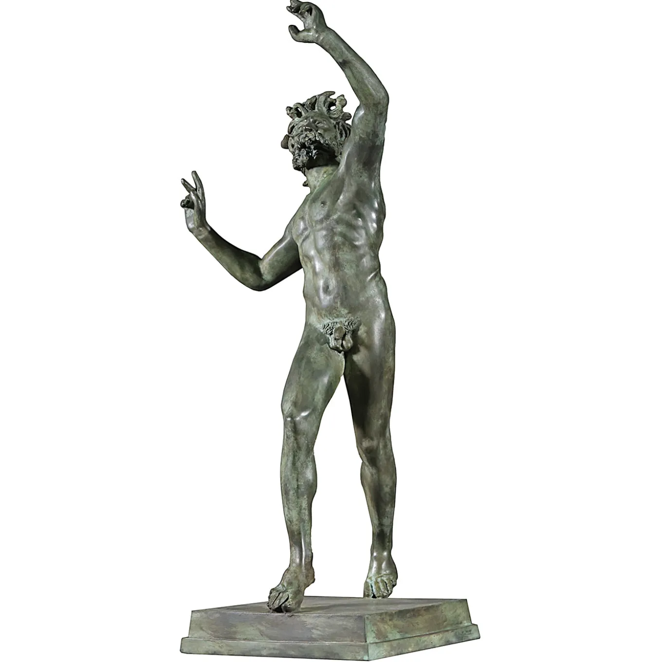 Scultura Fauno danzante in bronzo patinato verde