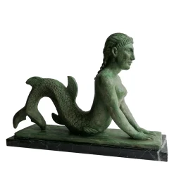 Scultura in ceramica bronzea della Sirena etrusca su base in marmo marquinia