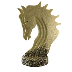 Scultura Testa Di Cavallo Dorata Con Base In Scaglie Di Marmo