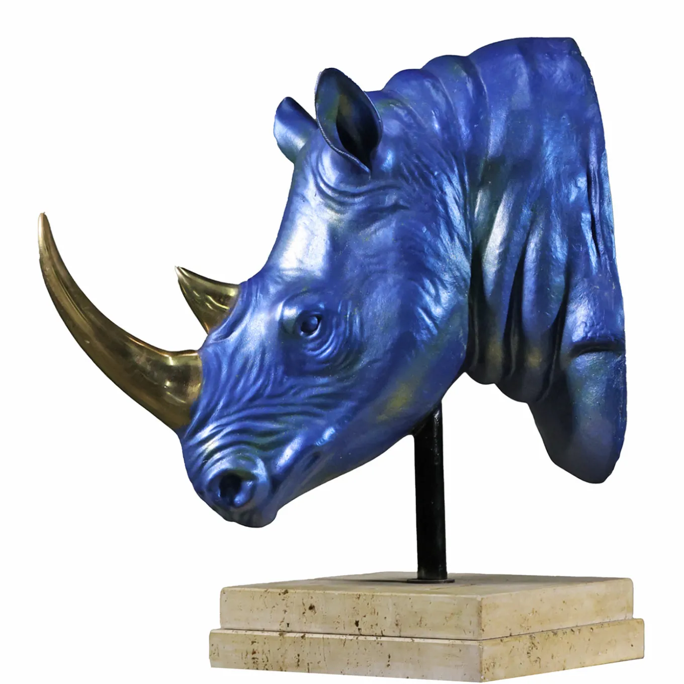 Scultura Testa di Rinoceronte in bronzo blu