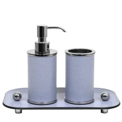 Set da bagno Olimpia rotondo in pelle cromata/azzurra
