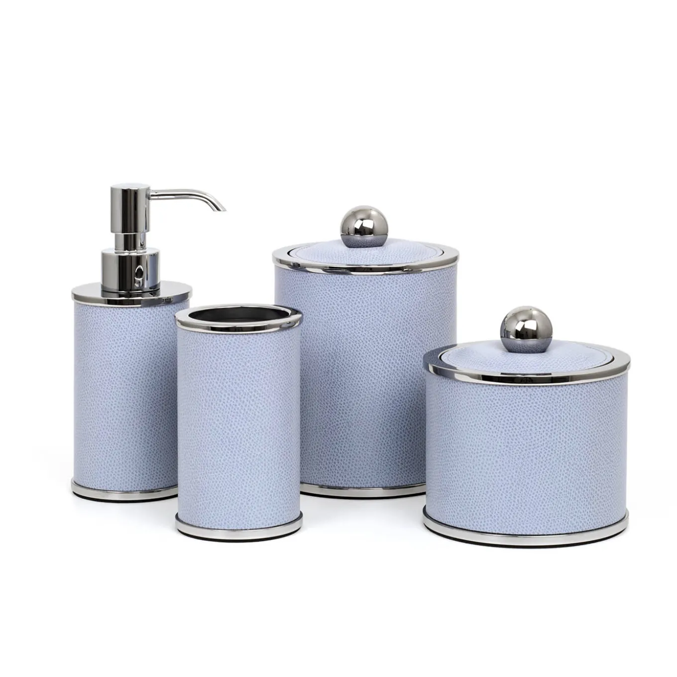Set da bagno Olimpia rotondo in pelle cromata/azzurra