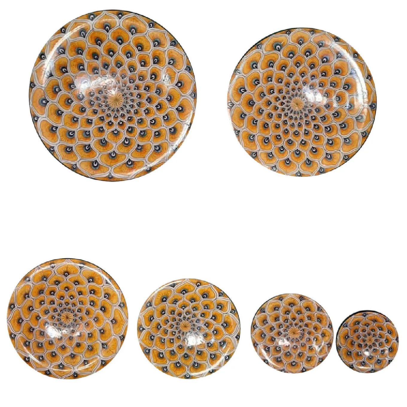 Set di 6 piatti decorativi con piume di pavone giallo