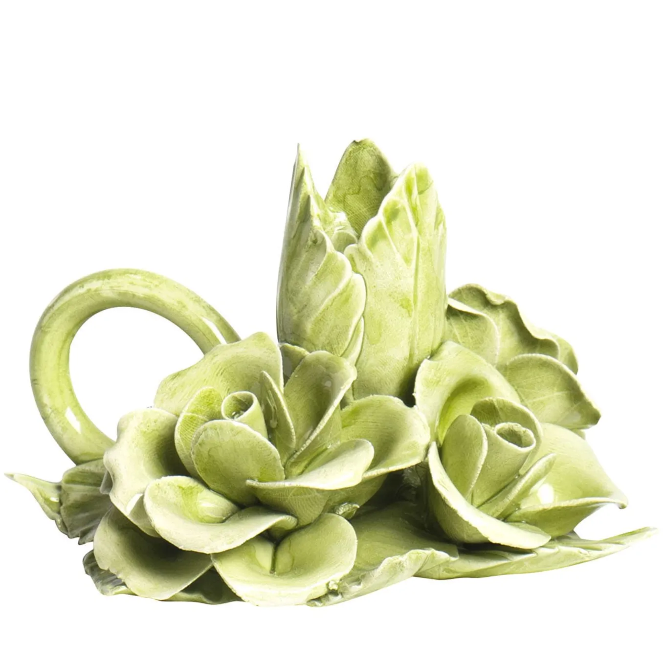 Set di 2 portacandele in ceramica a forma di fiore verde