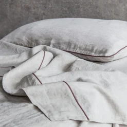 Set di lino naturale Summer Bed con profili rosa vintage