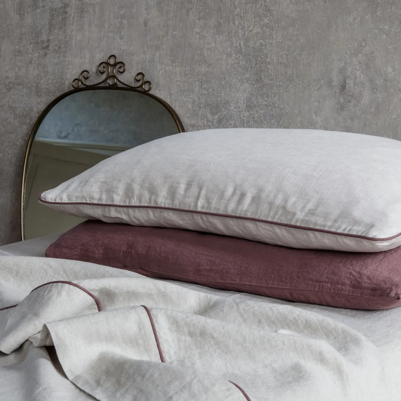 Set di lino naturale Summer Bed con profili rosa vintage