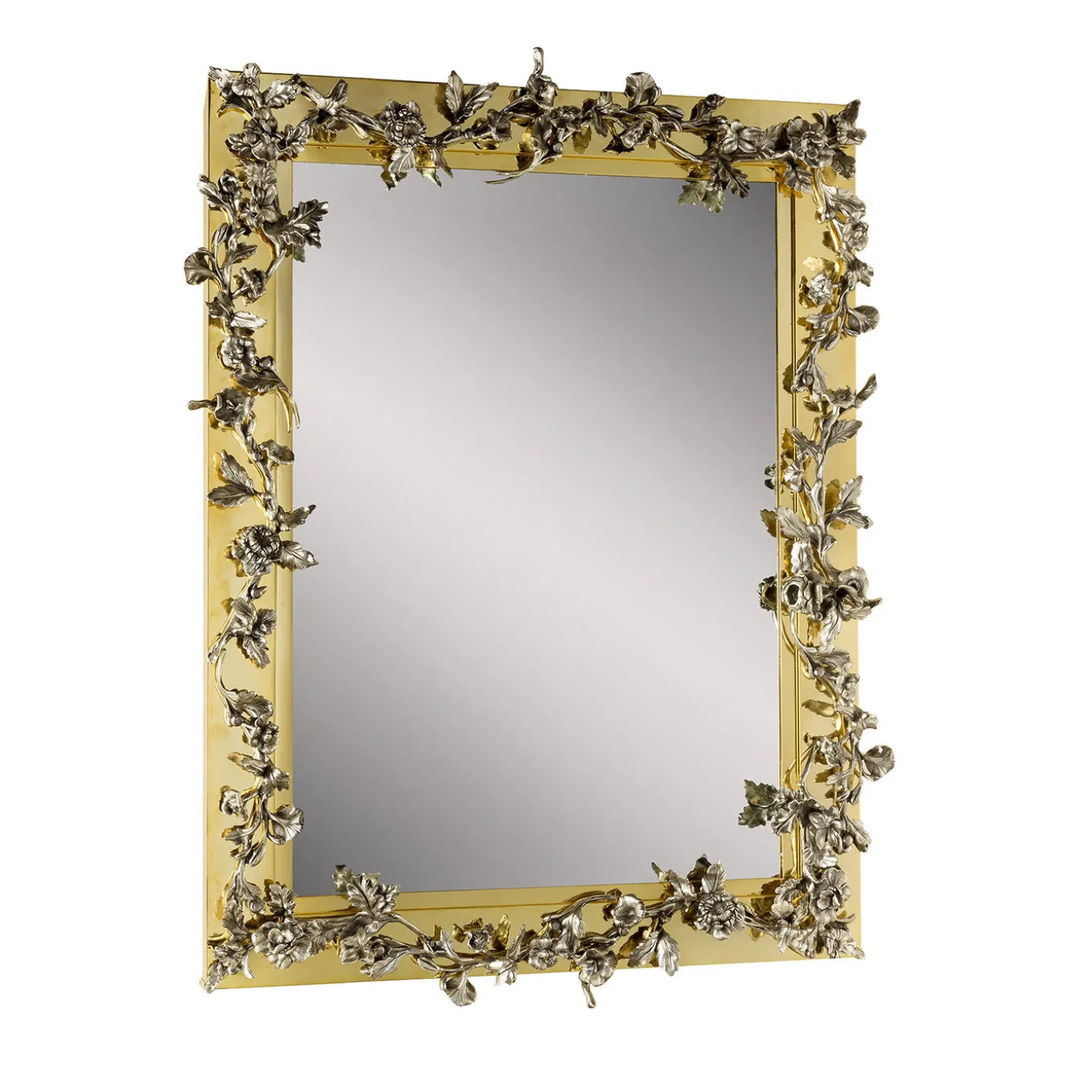 Specchio da parete rettangolare Palmira in ottone con fiori in bronzo