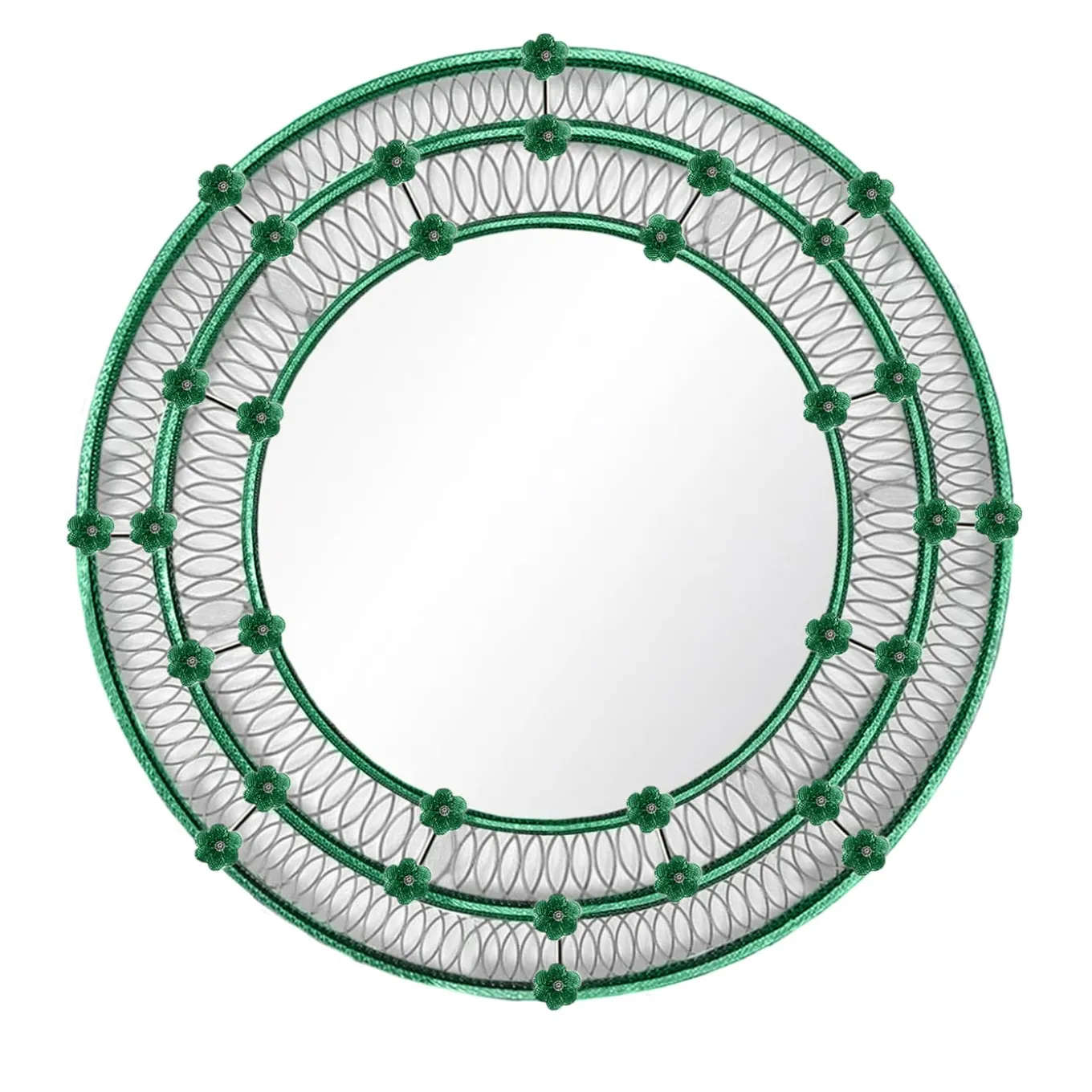 Specchio Rotondo Ostregher Con Decoro Floreale Verde In Vetro Di Murano