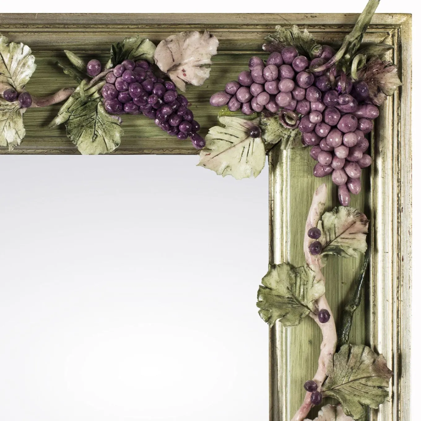 Specchio Vite con Uva in Porcellana Capodimonte e Finitura Argentata