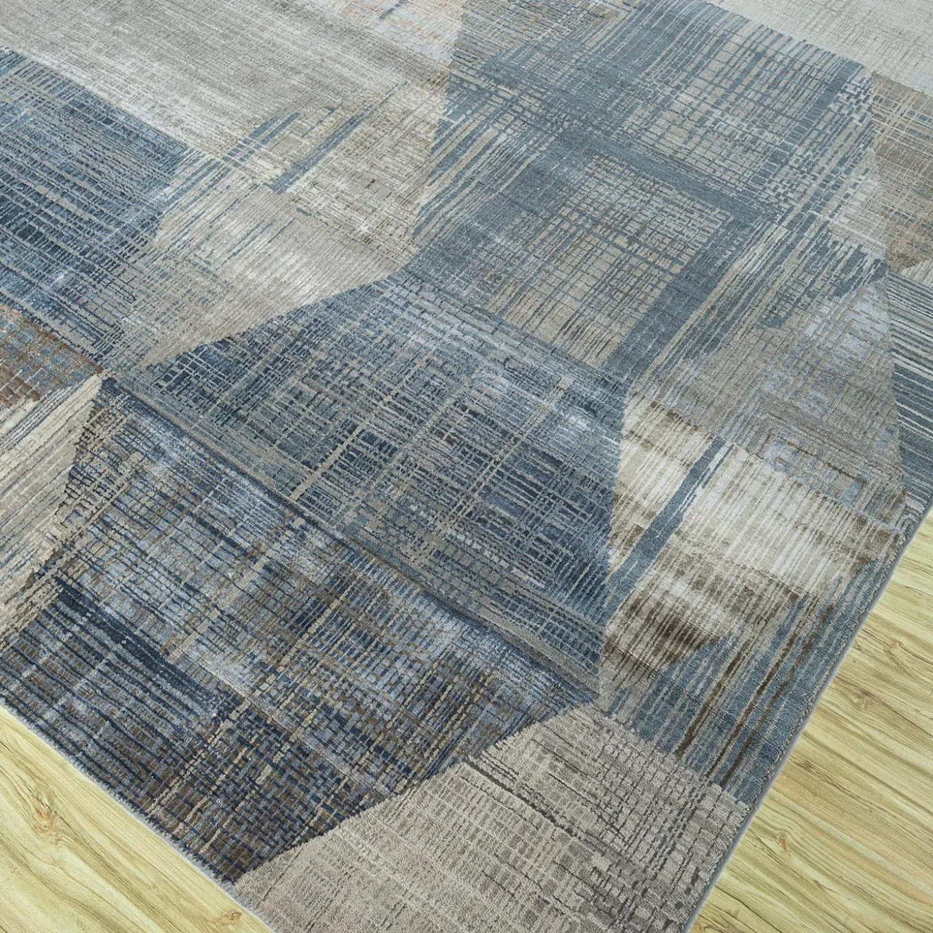Tappeto Tuftato a Mano Symmetrical Waves Skyline Blu e Grigio Classico
