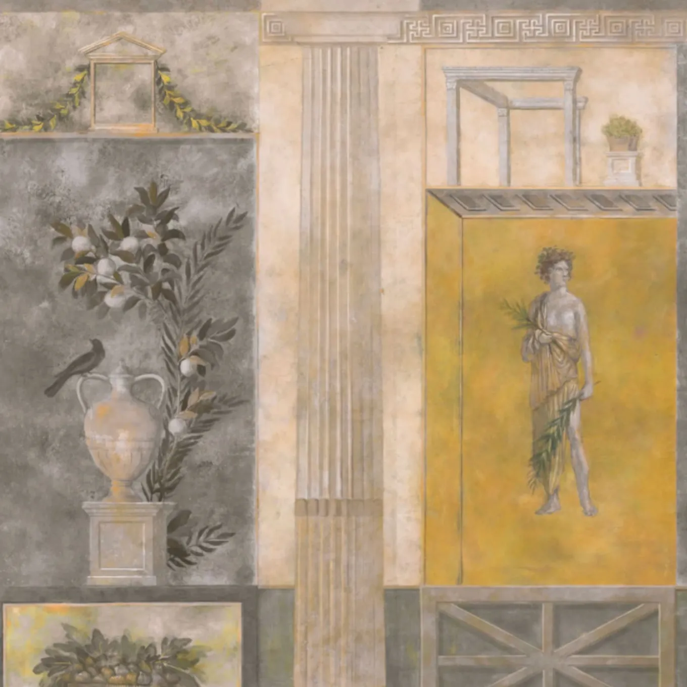 Tessuto murale in cotone giallo grigio e beige Pompei