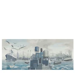 Tessuto murale in poliestere blu, grigio e argento Dalla terra al mare