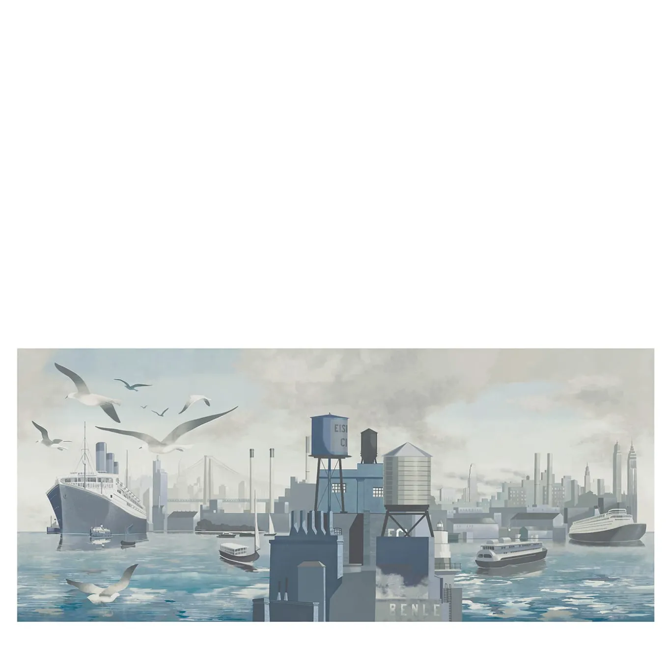 Tessuto murale in poliestere blu, grigio e argento Dalla terra al mare