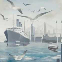 Tessuto murale in poliestere blu, grigio e argento Dalla terra al mare