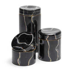 Vaso di vetro basso nero ispirato al marmo di Portoro con coperchio