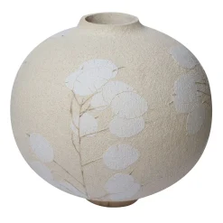 Vaso in gres bianca smaltata Flora Lunaria con motivo floreale